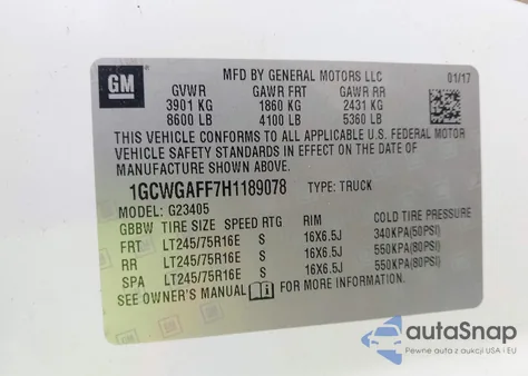 2017 Chevrolet Express 2500 Work Van z USA, uszkodzony, nr VIN 1GCWGAFF7H1189078